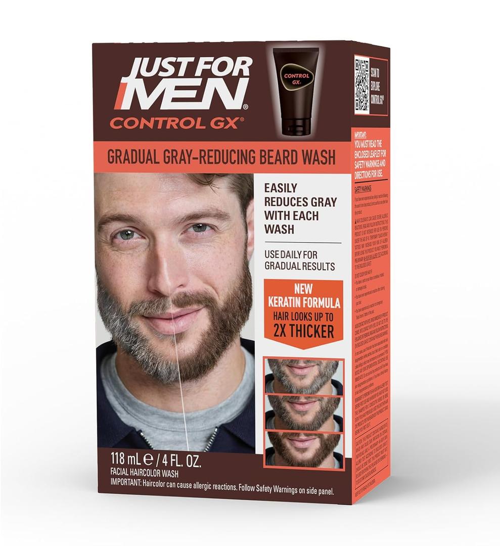 Just for Men Control GX Grey Reducing Beard Wash Shampoo with Keratin, Gradually Colors Mustache and Beard, Leaves Facial Hair Thicker Softer and Fuller, 4 Fl Oz - Pack of 1 