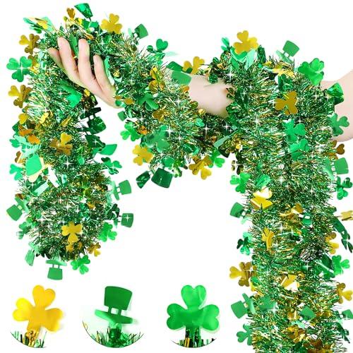 33 FT St Patricks Day Garland Decor Gold Green Shamrock Hat Tinsel Garland, Shiny Metallic Streamer Twist Garland Hanging St Patricks Day Decorations for Home Indoor Outdoor Irish Party Supplies