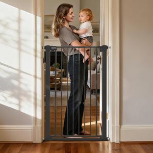 43 inch Tall Safety Dog Gate Adjustable 29.7-45.2inch Extra-Wide Metal Pet Gate Drill-Free Pressure-Mount Installation kit Self-Closing Cat Gate for Stairwells、Doorways（Black）