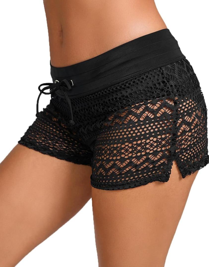 Lace Swim Shorts Drawstring Bathing Suit Shorts Board Shorts Bottoms Hollow Swimsuit Boy Shorts Small, Black 