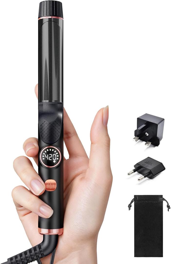 1 Inch Mini Travel Curling Iron, 100-240V Travel Dual Voltage Curling Iron for Short Hair with 5 Heat Settings, Small Curling Wand with Temperature Memories and Lock, Blush Gold