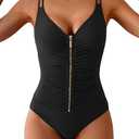 Eomenie One Piece Swimsuit for Women Zip Front Tummy Control Bathing Suit Ruched Slimming Swimwear Double Straps Swim Suit L