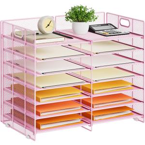 Marbrasse Desktop Literature Organizer, 12 Compartments Mesh Paper Organizer Desk Organizers, Adjustable File Sorter Mail Center Paper Storage Cabinet Classroom Mailbox for Office Home School, Pink