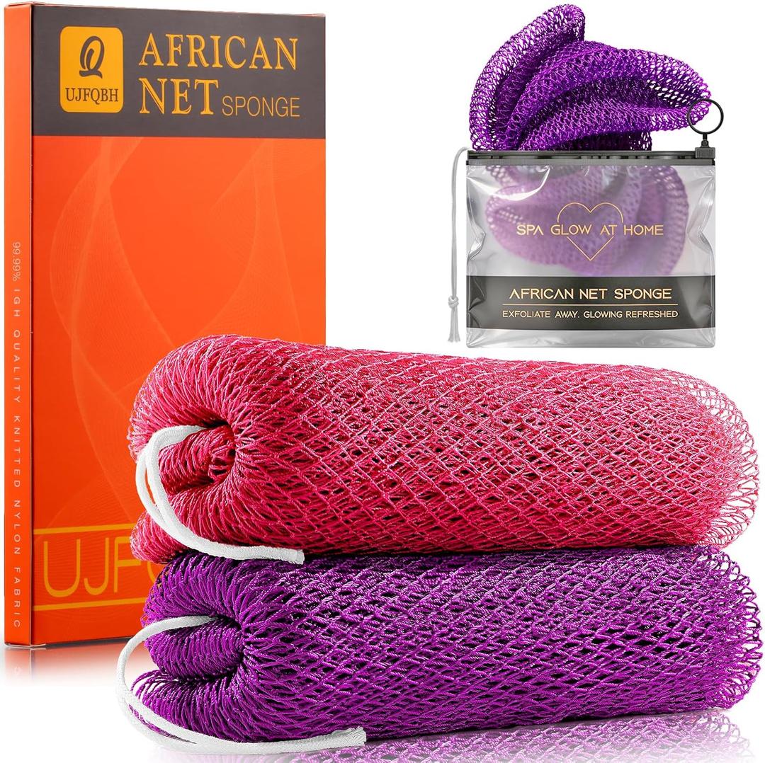 UJFQBH African Net Sponge Authentic 2-Pieces Exfoliating Body Scrubber for Shower & Bath, Deep Cleansing Lather for Dead Skin Removal, Back Scrubber for Women & Men (Pink Purple