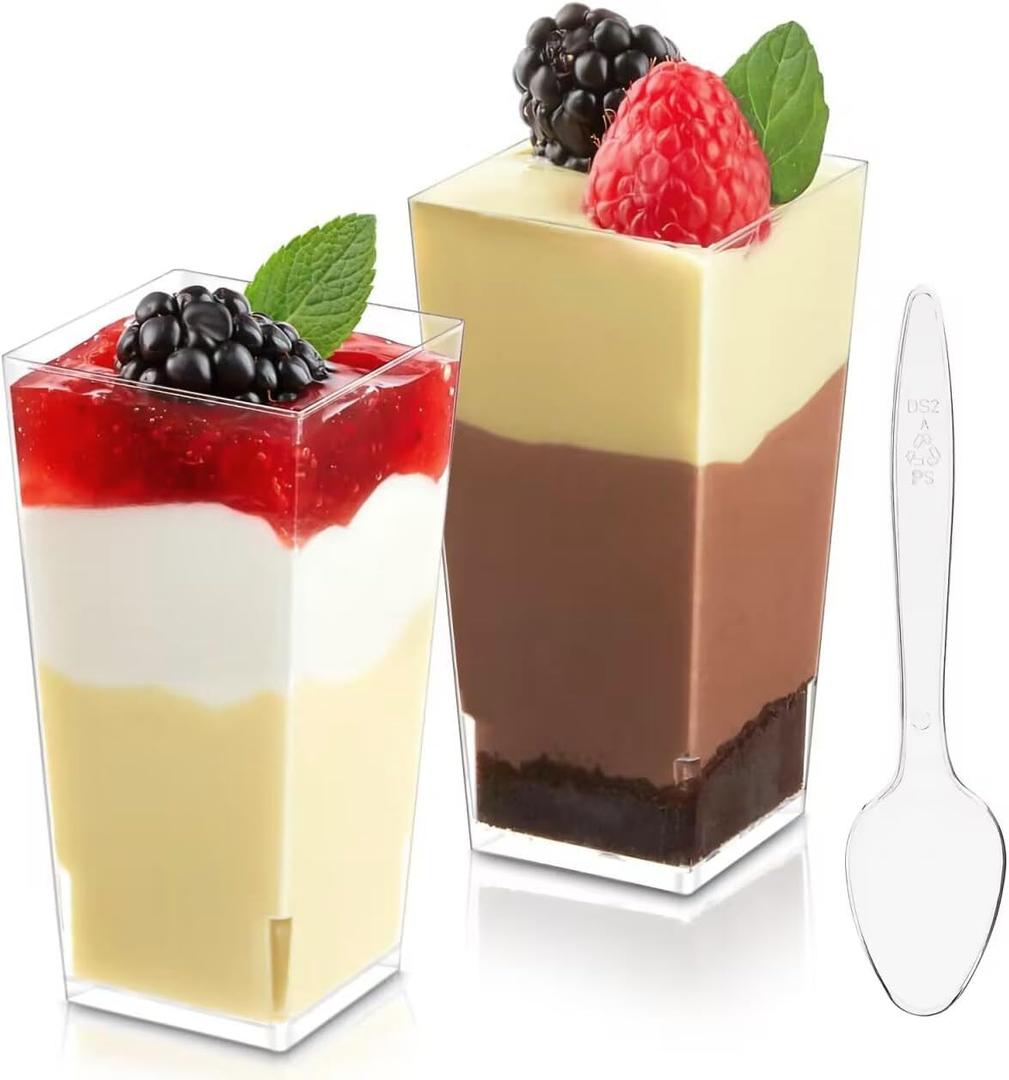 Zezzxu 3 oz Mini Dessert Cups with Spoons, 50 Pack Plastic Square Shooter Cups for Serving Party Desserts Cheesecake Parfait Mousse Pudding Appetizers