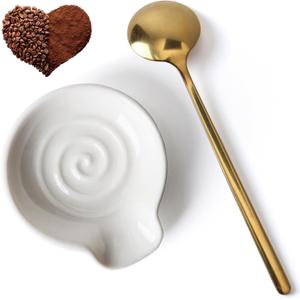 Coffee Spoon Rest for Coffe Bar Accessories, Ceramic Spoon Holder for Coffee Station, Small Spoon Rest for Kitchen Counter, Cute Coffee Bar & Corner Space Decor (Comes with Gold Coffee Spoon) (White)