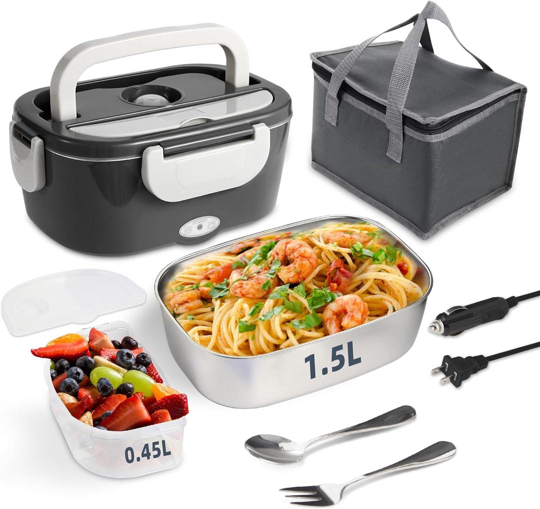 SOHIDA Electric Lunch Box, 12V/24V/110V Portable Food Warmer with SS Fork & Spoon for Car/Truck/Office, 80W Self Heating Lunch Box with 1.5L 304 Stainless Steel Container & 0.45L PP Fruit Box Beige