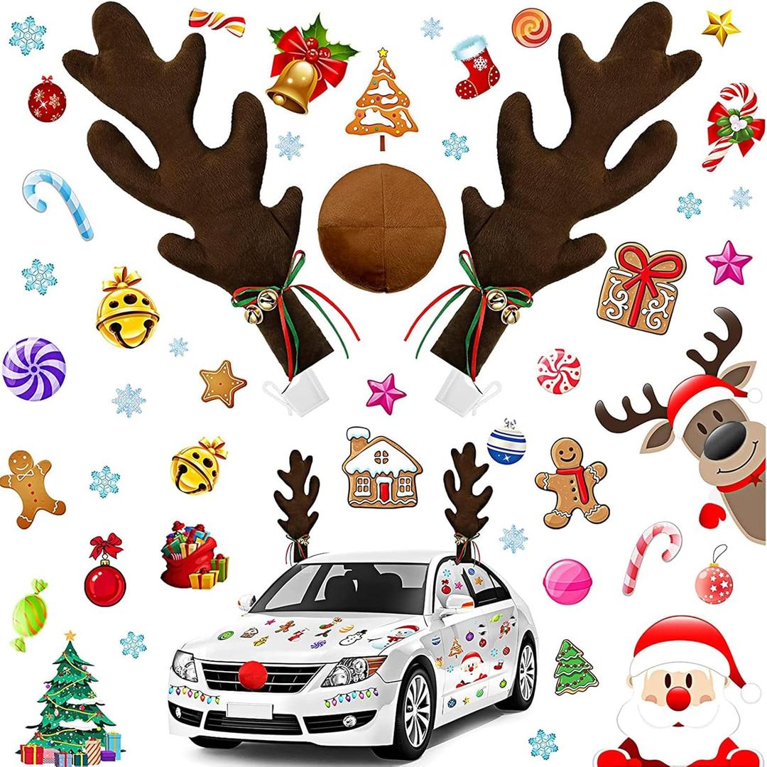 Frienda 9 Pcs Christmas Car Decorations Car Reindeer Antler Kit and Nose Christmas Car Window Sticker Christmas Party Decoration Antlers Auto Xmas Holiday Accessories for SUV Van Truck