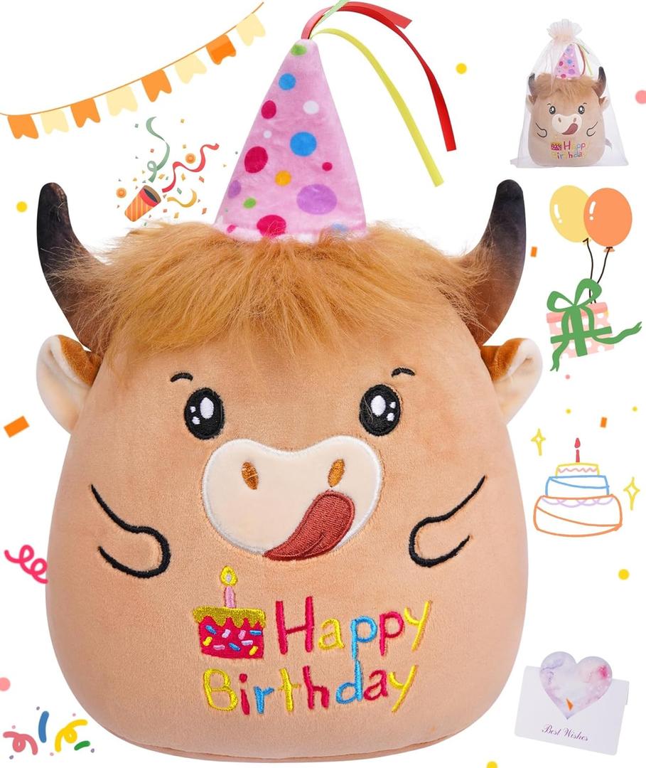 Highland Cow Birthday Stuffed Animal - 15 Inch Cow Plush Gifts for Kids Girl Sister Daughter Birthday Doll Toys Decorations