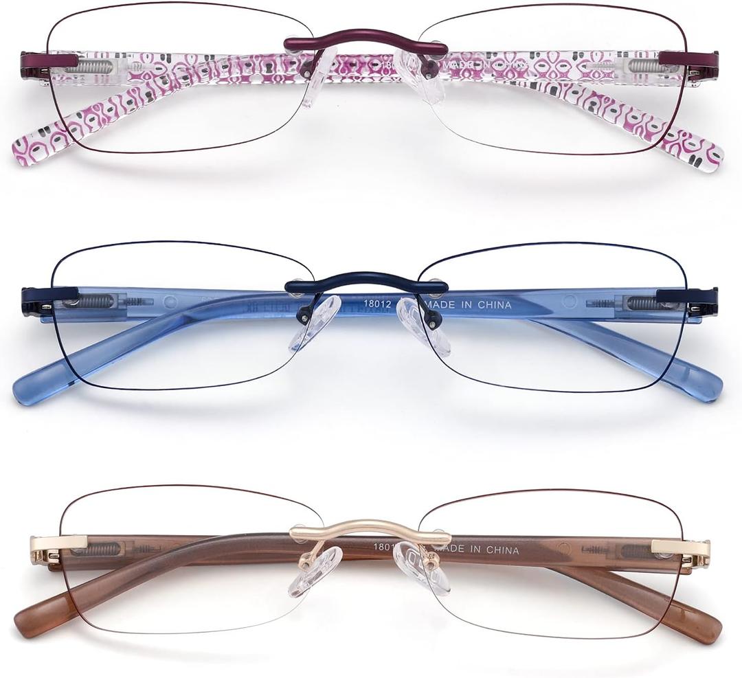 3 Pack Rimless Reading Glasses for Women Blue Light Blocking Readers Tinted Edge Spring Hinge Pattern Print Arm Eyeglasses Mix 3.00