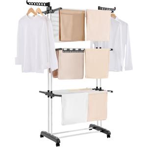 VEVOR Clothes Drying Rack, 4-Tier Foldable Laundry Dryer Rack, Metal Drying Racks with 24 Drying Rods, Free-Standing and Portable Hanger with 4 Castors and Two Side Wings for Outdoor & Indoor Use, 4 Tier - 49.5"d X 25"w X 67.5"h