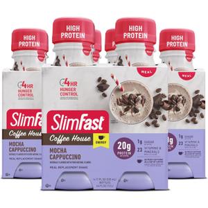 SlimFast Advanced Energy High Protein Meal Replacement Shake, Mocha Cappuccino, 20g of Ready to Drink Protein with Caffeine, 11 Fl. Oz Bottle, 4 Count (Pack of 3) (BBD 12/22/2025)