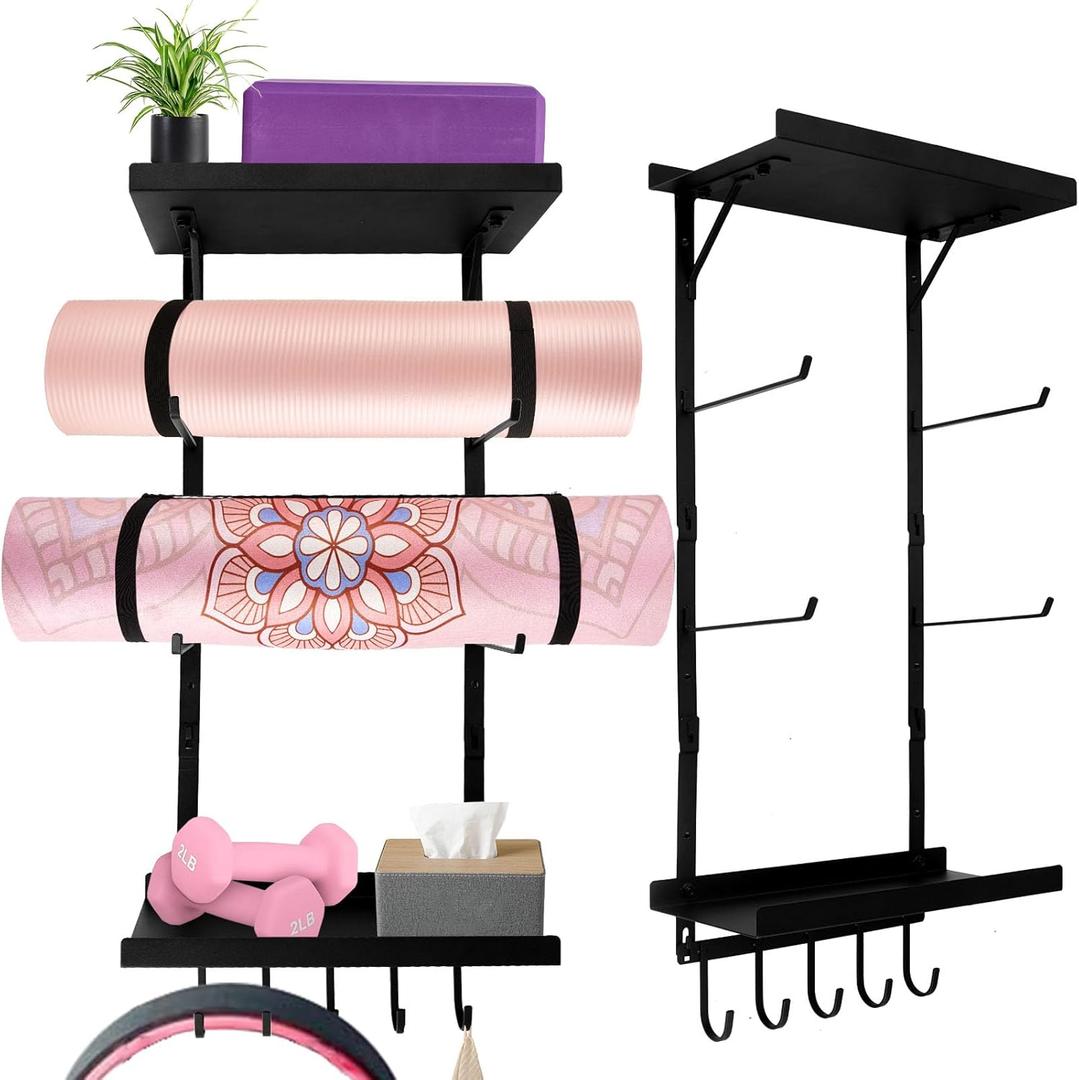 Yoga Mat Holder Wall Mount, Yoga Mats Rack with Double Floating Shelves, Yoga Accessory Storage Rack with 5 Hooks for Resistance Bands and Workout Equipment for Home Gym Storage, Black