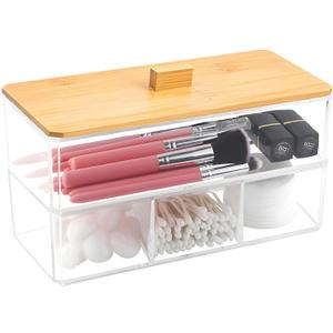 Qtip Holder, Cotton Swab and Ball Dispenser 2 Layer with Wood Lid Clear Acrylic Bathroom Canisters Cotton Pad Organizer Bathroom Vanity Countertop