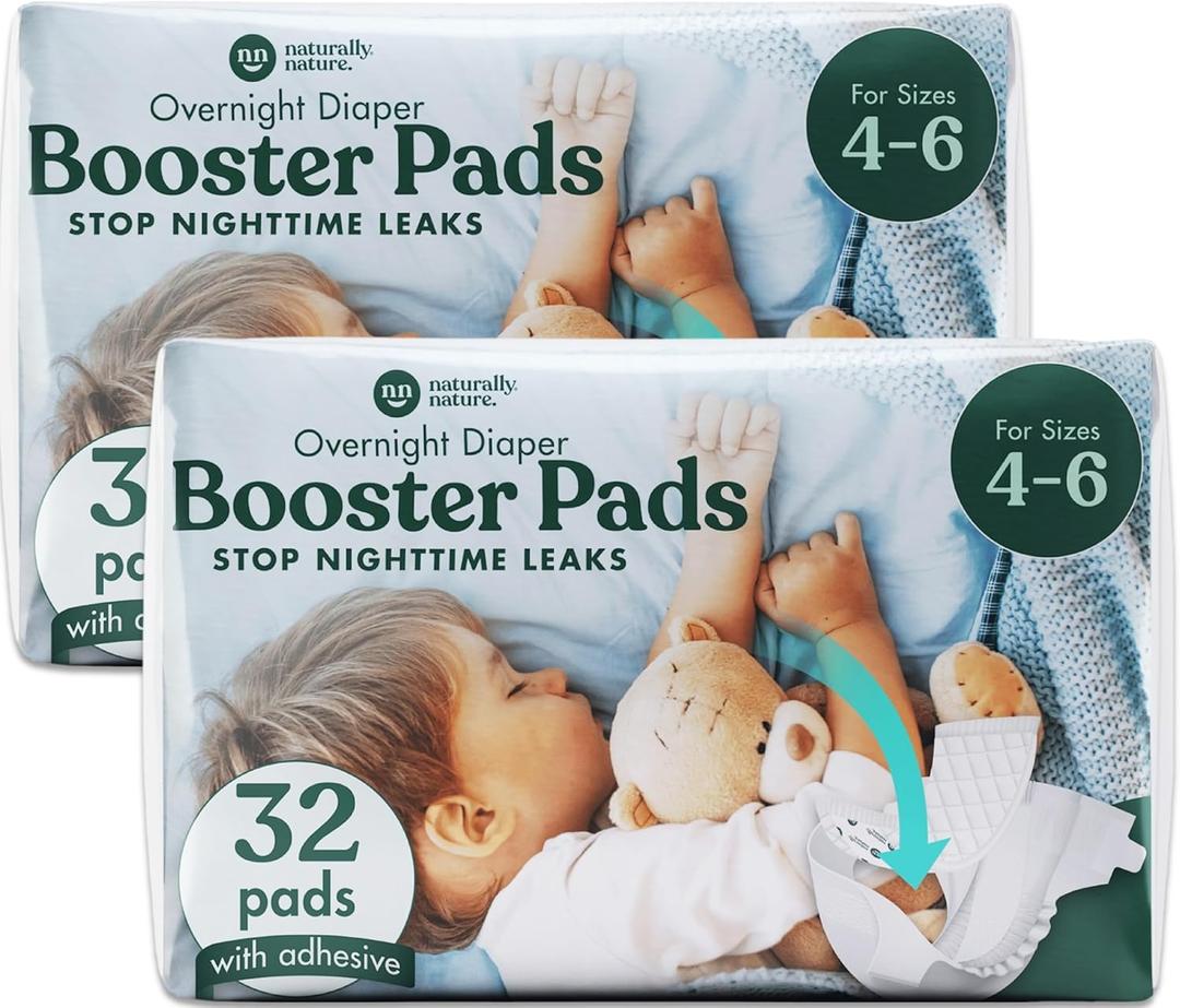 Naturally Nature Overnight Diaper Booster Pads, Stops Overnight from Leaking, Diaper Liners for Toddler, Nighttime Diapers Size 5, Adhesive Pad for Girls, Boys, (2 Packs of 32 ct.)