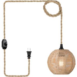 15ft Plug in Pendant Light with Cord Dimmable Switch Rattan Hanging Lamp with Hand Woven Wicker Plug in Chandelier Boho Hanging Lights Fixture for Bedroom Kitchen Hallway Foyer