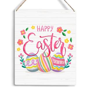 Funny Happy Easter Wood Sign Rustic Easter Egg Flowers Wooden Hanging Plaque for Home Living Room Bedroom Wall Art Decoration 8 x 10 Inches Present