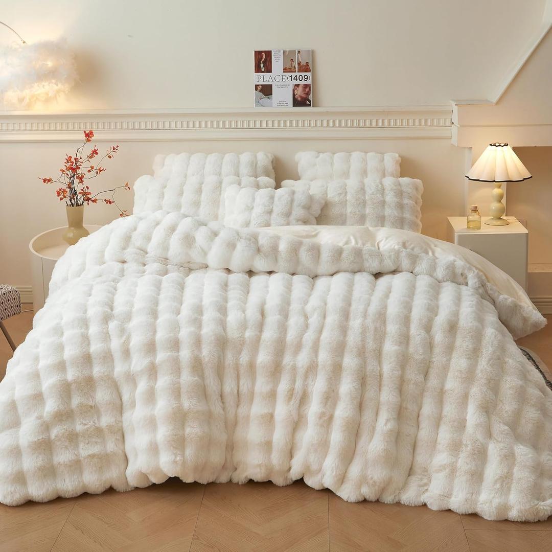 LIFEREVO Luxury Fluffy Faux Rabbit Fur Duvet Cover Set, Soft Ivory Plush Shaggy Bubble Bedding Set Home Decoration, 1 Fuzzy Washable Comforter Cover + 2 Furry Pillowcases, Zipper Closure, Beige, Queen
