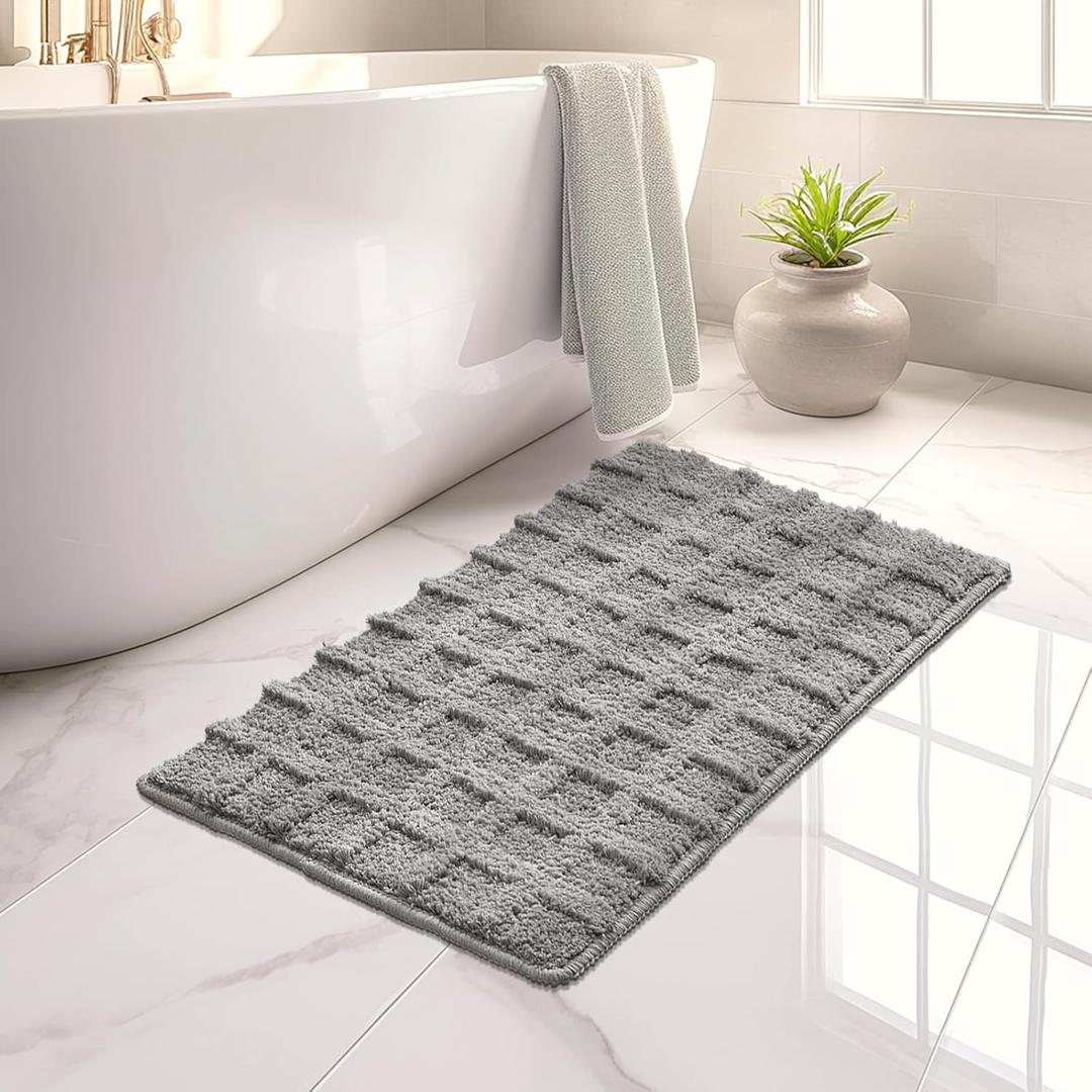 Bathroom Rugs 24''x 16'' Non Slip Absorbent Water Bath Mats for Bathroom Kitchen and Shower Floor, Cute Small Bath Mat Quick Dry Bathroom Mat Boho Checkered Grey Bathroom Mats