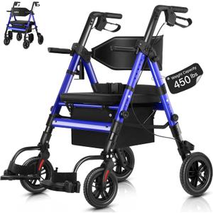 Walkers for Seniors,Heavy Duty Rollator Walker Wheelchair Combo, 2 in 1 Rollator Transport Chair with Brakes, 450 lb Rolling Walker 10" Big Wheels for All Terrain, Blue
