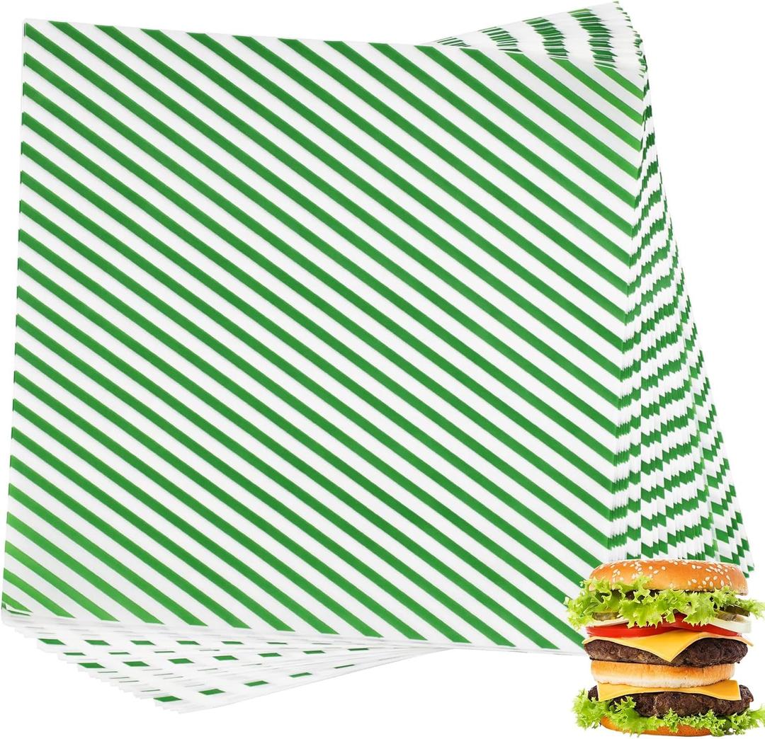 200 Sheets Green and White Striped Food Wrapping Paper, Dry Waxed Deli Paper, Paper Liners for Plastic Food Basket, Bread and Sandwich Wrap Paper (12''x12'') (Green/White)
