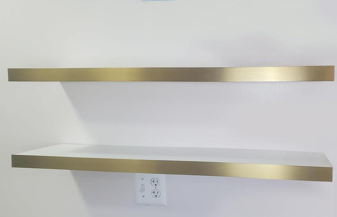 Floating Shelves, Wall Mounted Shelves, Wall Shelves for Living Room Decor, Bedroom, Office, Kitchen, Bathroom, Modern White Shelf With Invisible Brackets, Set of 2 (Gold, 36 Inches)