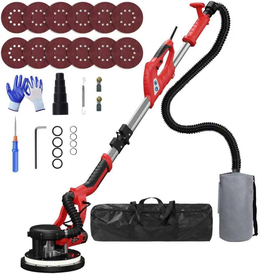 Drywall Sander, 2026 Upgraded 8-Amp Popcorn Ceiling Removal Tool with 7 Variable Speed 800-1800RPM, Drywall Sander with Vacuum Dust Collector with LED Light, Extendable Handle,12pcs Sanding Discs