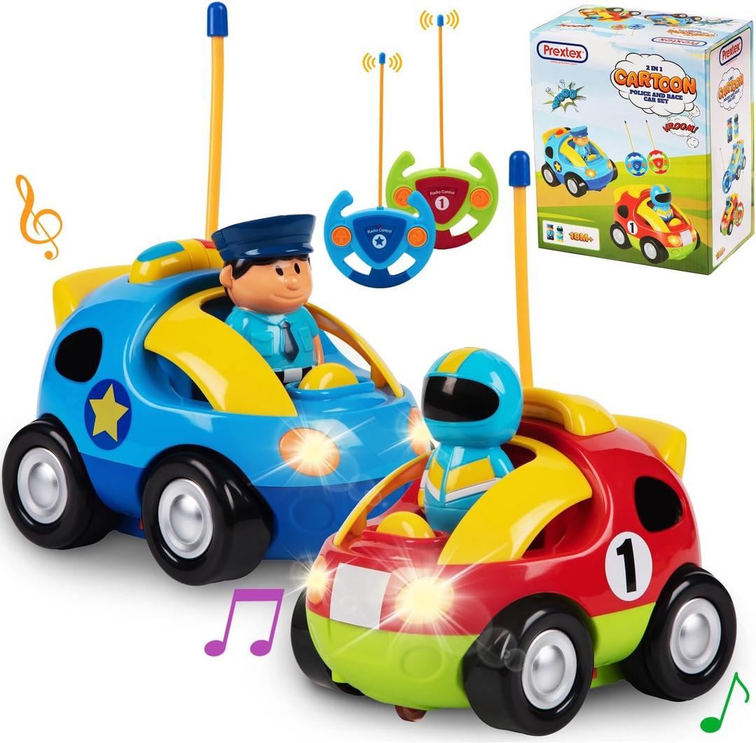 Prextex 2 Pack Cartoon Remote Control Cars for Toddlers  Police Car and Race Car with Steering Wheel Controllers and Lights  Different Frequencies So Both Can Race Together  Toddler Gift 18+ Months
