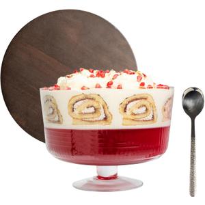 Large Trifle Bowl with Lid (120oz) - Stainless Steel Silver Serving Spoon & Acacia Wood Lid - Trifle Bowl Glass, Glass with Pedestal - Truffle Dish for Layered Desserts, Fruits, Salads, Punch