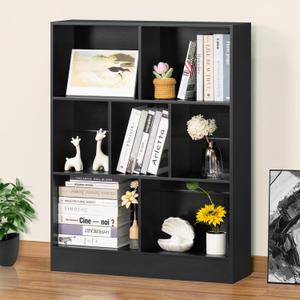 YAHARBO Black 7 Cube Bookshelf,3 Tier Modern Horizontal Bookcase,Wooden Low Book Shelf Display Storage Cabinet with Base,Floor Standing Short Bookshelves Open Organizer for Bedroom,Living Room,Office (80CM)