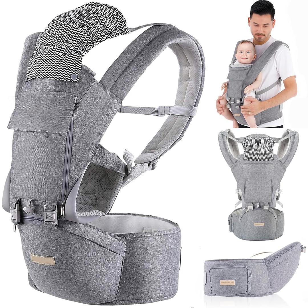 Baby Carrier Newborn to Toddler: 9-in-1 Convertible Carrier Ergonomic Infant Carriers All Seasons, M Positions, Adjustable Strap Perfect for Travel 3-36 Months Grey - Baby Carrier with Hip Seat (Gray)