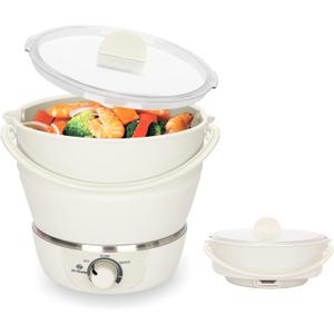 Drizzle Foldable Electric Cooker Travel Hot Pot - Dual Voltage 100V-240V Hot Pot Cooking - Food Grade Silicone Cookerware Boiling Water Steamer - Camping Office Hotel Noodle Porridge Soup Dorm (Creamy-white)