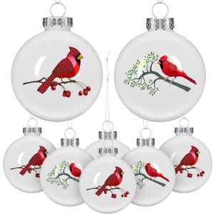 Set of 8 Christmas Cardinal Ornaments - Glass Winter Tree Decorations With Red Berries, Green Leaves - Vintage Blown Glass Ball Hanging Red Bird White Cardinal