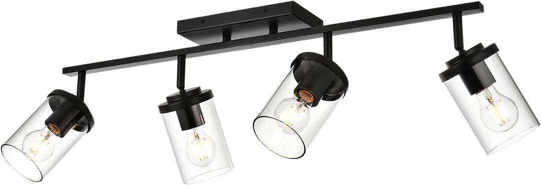 BONLICHT Ceiling Spotlights Track Lighting Kit 4 Light Bathroom Vanity Lighting Black Modern Multi-Directional Ceiling Mount Fixture Industrial Farmhouse Sconces Wall Mount Lamp with Clear Glass Shade