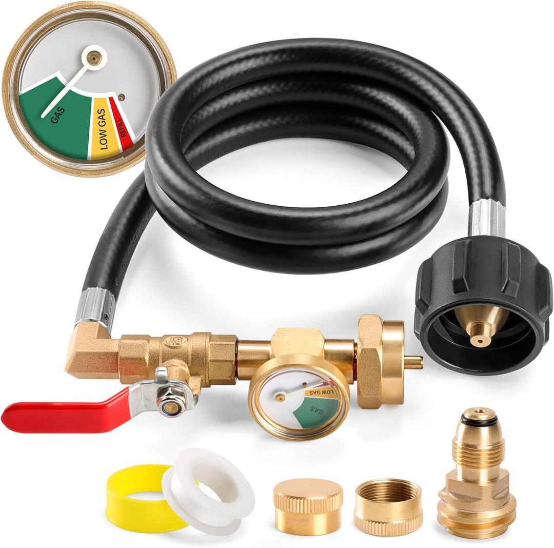 Propane Refill Adapter Hose 3 FT, Upgraded Propane Refill Adapter for 1 lb. Tanks (QCC1/Type1 Inlet) with Universal fit POL to QCC1 Propane Tank Converter, Pressure Gauge, Control Valve, 2pcs Caps