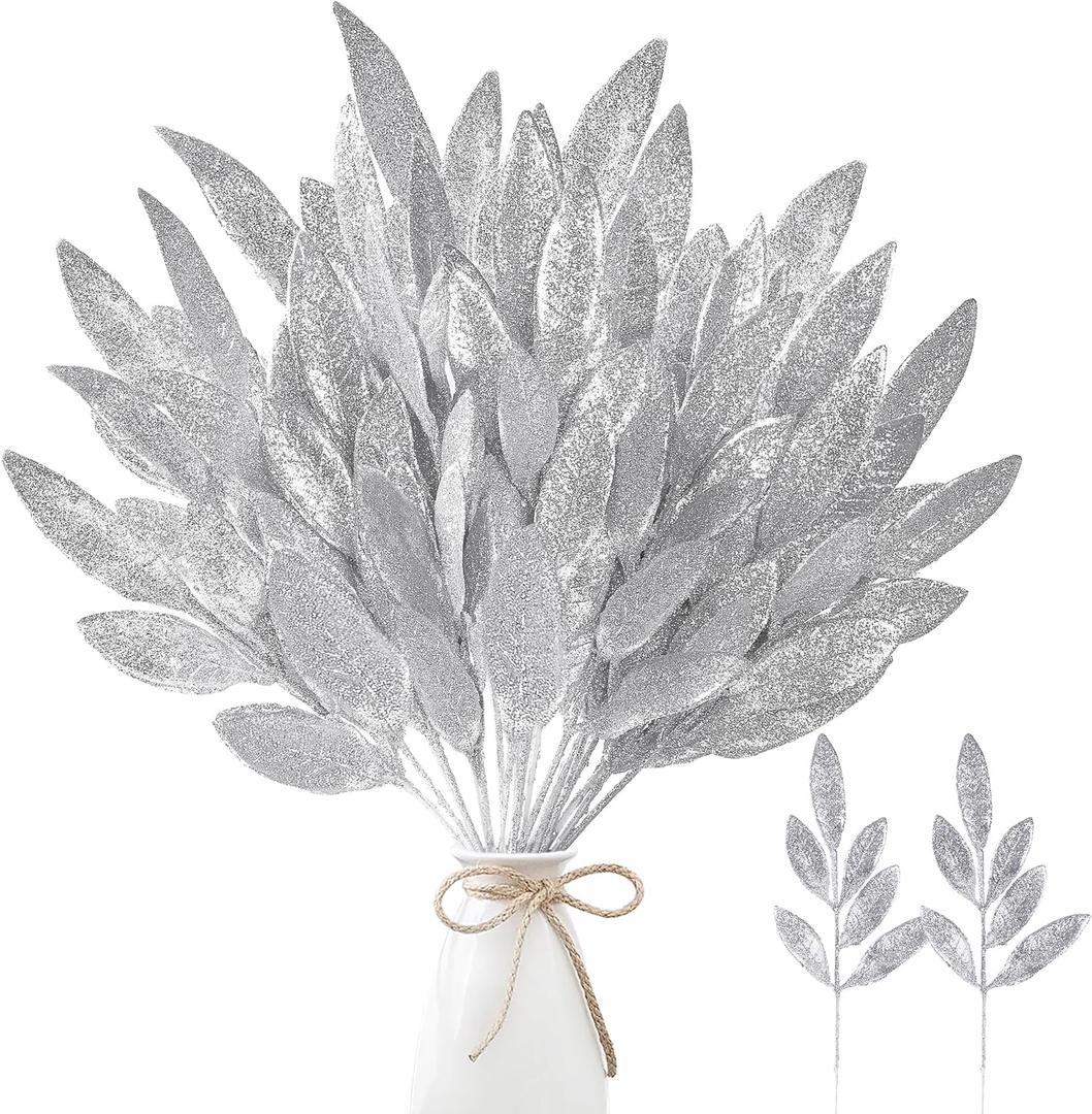 Sggvecsy 40 Pieces Artificial Glitter Leaf Silver Glittered Spray Picks 13 Fake Floral Leaf Branches Xmas Decoration for Christmas Tree DIY Wreath Crafts Gift Home Decoration(Silver,40 Pieces)
