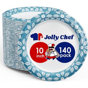 JOLLY CHEF 10 inch 140 Pack Disposable Paper Plates Heavy Duty Printed Paper Plates for Everyday Use, Soak Proof, Cut Proof