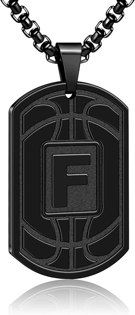 Initial A-Z Basketball Dog Tag Necklace for Men, Stainless Steel Basketball Initial Necklace for Men Dog Tag Chain Letter Pendant Personalized Sports Athletes Jewelry Gifts