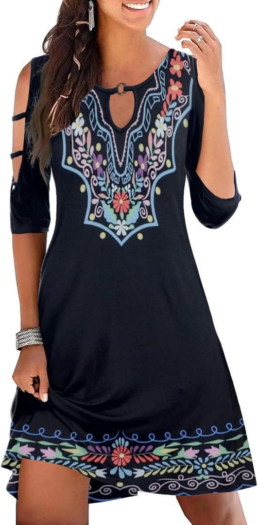 Women's Summer Short Sleeve Cold Shoulder Plain Swing Casual T-Shirt Dress Floral Beach Cover Up Dresses with Pockets (Medium, 1 Boho Floral 2)