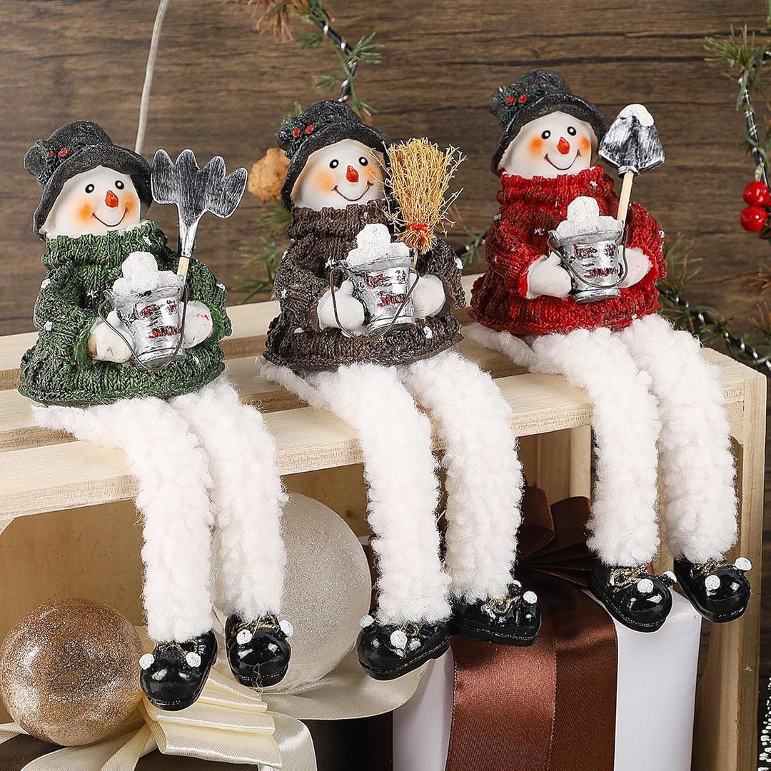 Lulu Home Christmas Snowman Decorations - 3 Pack Resin Snowman Shelf Sitters with Plush Dangling Legs for Winter Xmas Tabletop Mantel Fireplace Home Holiday Decor