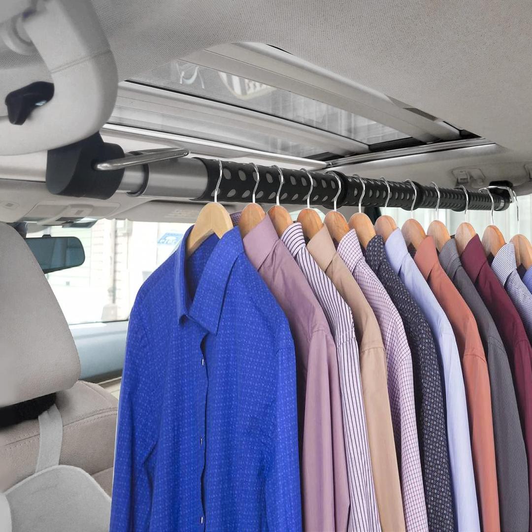 Beinhome Rubber Car Clothes Hanger Bar, Expandable Heavy Duty Car Clothes Rack- Adjustable 35 to 63 inches, Suitable for Sedans, SUV, Truck, Most Vehicles, Black (Gray poles)