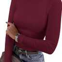 ANRABESS Women's Lettuce Trim Mock Neck Long Sleeve Tops 2025 Casual Dressy Ribbed Knit Slim Fit Tee Shirt Fall Layer Outfits (Wine Red, S)