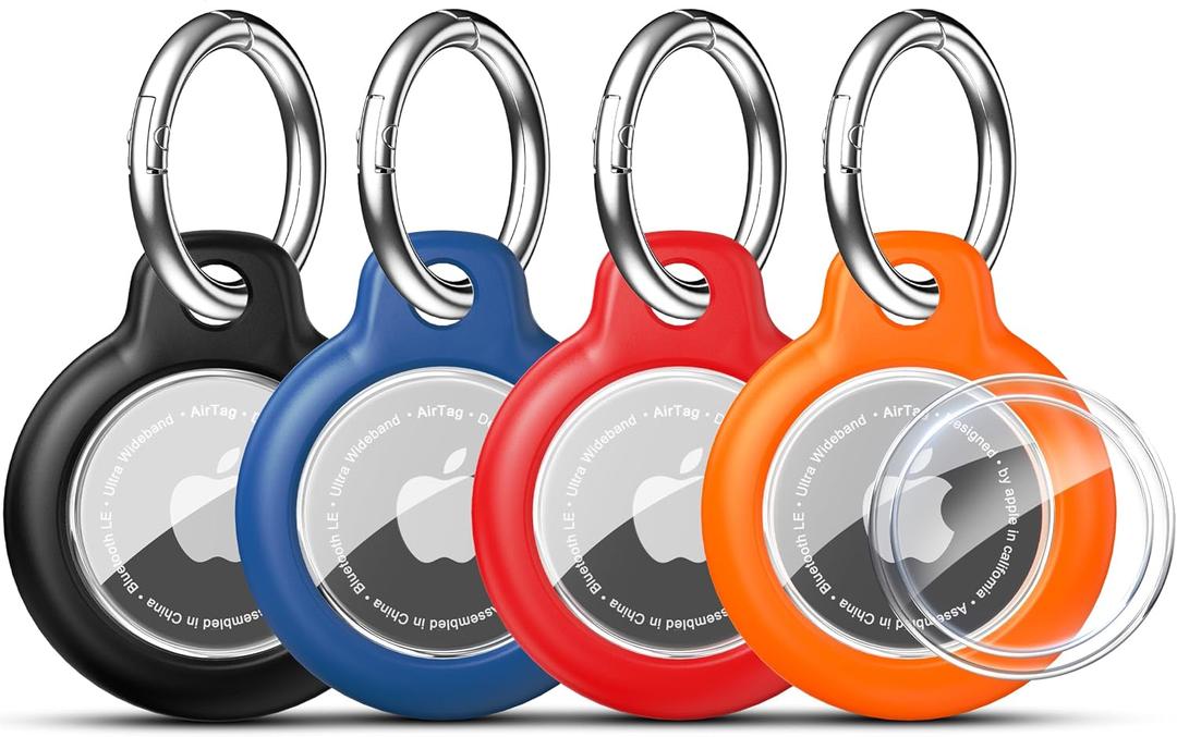 RFUNGUANGO Apple AirTag Holder with Key Ring 4 Pack AirTag Case, Hard Protective AirTag Case for Kid, Pet, Luggage, Backpack, Key - Black/Orange/Blue/Red