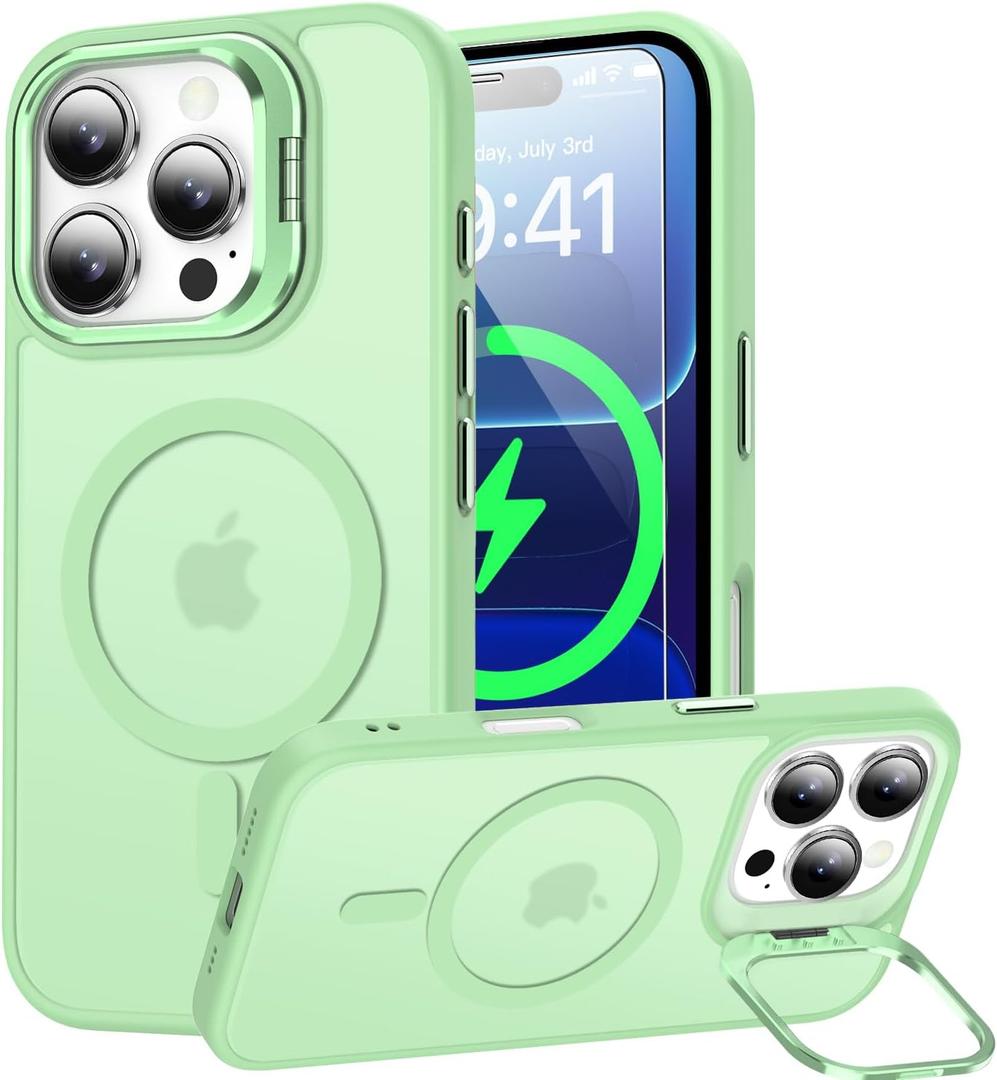 Goodon Magnetic for iPhone 16 Pro Max Case with Screen Protector, Built-in Camera Kickstand,[Compatible with Magsafe] [Wireless Charging] Translucent Matte Phone Cover for Men Women Girls - Tea Green