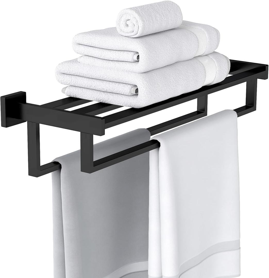 Double Towel Bar, 24 Inch Towel Racks for Bathroom Wall Mounted, Bathroom Towel Rack, Towel Rack with Shelf, Stainless Steel Hand Towel Hanger, Bath Towel Holder for Wall, Black