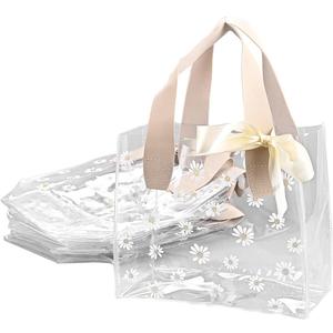 TSAZZZ 6Pcs Clear Daisy Gift Bags With Handles Plastic PVC Goodie Bags With Ribbon Small Gift Bag For Wedding Birthday Baby Shower Party Valentines Pink (19.5 * 18 * 9.5CM,7.67 * 7.08 * 3.74Inch)
