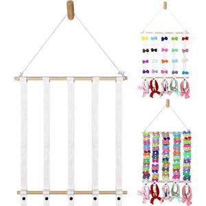 Hair Bow Holder Organizer for Girls - White Cotton Ribbons - Headband, Hair Tie, Clip, Bow Organizers - Baby Hair Accessories Storage Display - Decoration for Girls Room - Baby and Toddler