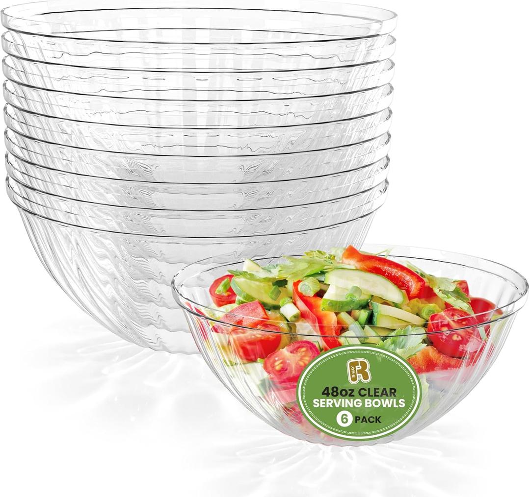 R-kay 6 Pack Plastic Serving Bowls - 48 Oz Clear Plastic bowls - Salad Bowls Large Serving - Premium Clear Disposable bowls Heavy Duty For Weddings Catering And Birthday parties