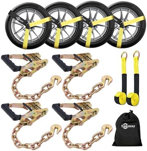 Trekassy Car Tie Down Straps for Trailers with Heavy Duty Chain Anchors, 6 Pack 2" x 96" Lasso Style Tire Straps (2 for Replacement), 10,000lbs Break Strength, Hauling Cars, UTV, Truck