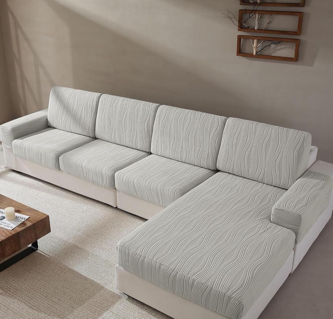 Couch Cushion Covers, Washable Stretch Stripe Sofa Covers for 1 Cushion Couch L Shape Sectional Sofa Slipcovers Furniture Protector for Dog(Back Couch Cover, Light Gray)